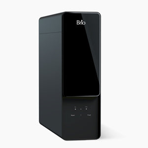 A sleek, modern black water purifier with a glossy front panel labeled “Brio,” featuring small indicator lights and buttons near the base, set against a plain white background.